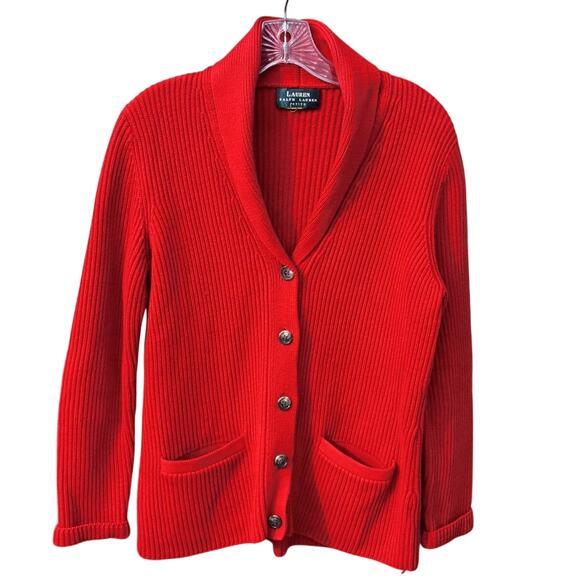 Vintage Lauren Ralph Lauren Cardigan Sweater Women's Size M L Red Ribbed - Picture 1 of 3